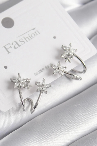 USLUCAN ALIŞVERİŞ Brass Silver Color Zircon Stone Flower Model Women's Earrings