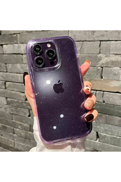 EDELFU iPhone 14 Pro uyumlu - Şeffaf Derin Mor Simli Sert Mika Sararmaz Kılıf
