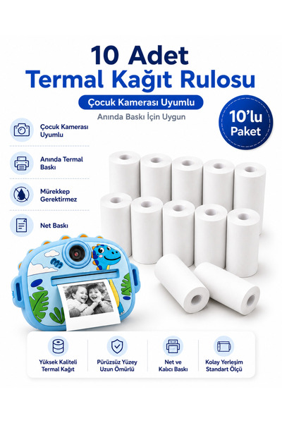 Yellowtech Çocuk Kamerası Uyumlu Termal Kağıt Rulosu 10 Adet Mini Yazıcı Yede...