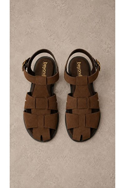 Beyond Women's Brown Strappy Buckle Cage Model Suede Sandals 1.5cm Byndsk107