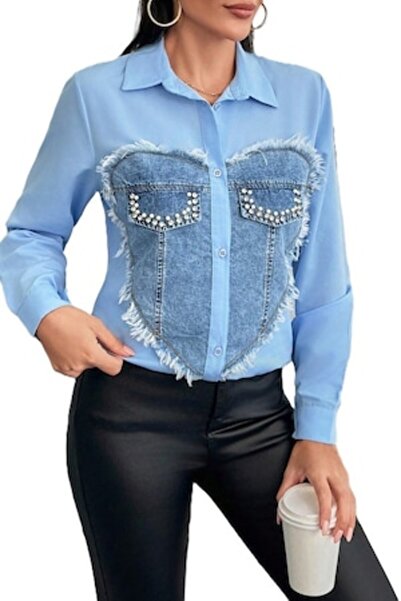 StreetWear Outlet Women's Shirt, Elegant, Diamond Ornaments And Denim Patchwo...