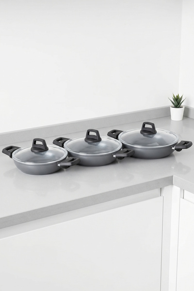 Taç Master Ceramica Cam Kapaklı 6 Parça Seramik Sahan Seti Gri