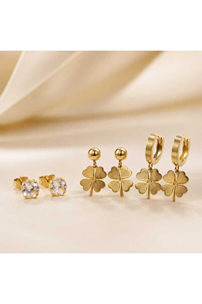 By Pink Accessories 3’lü Gold Renk Çelik Küpe Seti Yonca Detaylı Taşlı Kadın ...