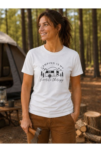 North Whiskers Camping Is My Favorite Therapy Caravan Printed 100% Cotton Unisex Navy Blue Camping T-Shirt