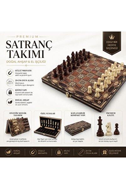 e-life shop Lüks Mozaik Desenli Ahşap Manyetik Satranç Takımı 29cm Katlanabil...