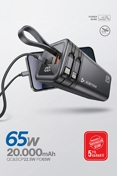 Kensa 65W PD Süper Hızlı 20.000mAh Dahili Kablolu Taşınabilir Hızlı Şarj Alet...