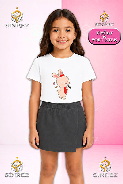 SİNREZ Girl's Set Tavsan Microphone Printed Short Sleeve T-Shirt Shorts Skirt