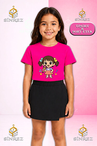SİNREZ Girl's Set: Printed Short Sleeve T-Shirt with Microphone, Shorts, Skirt