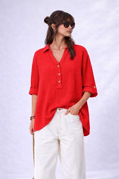 CES.İZ Women's Piece Painting Muslin Shirt with Washed Effect Oversize Loose ...