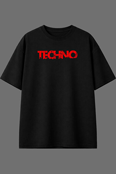 VSRN Red Techno Design Front Printed Black Oversize t Shirt