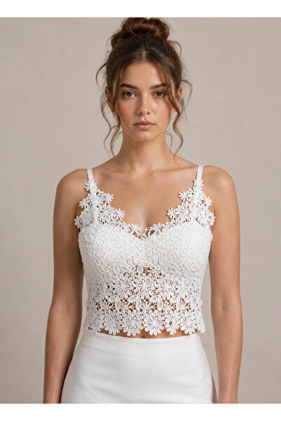 Neden Tekstil Guipure Detailed Transparent Crop Bustier