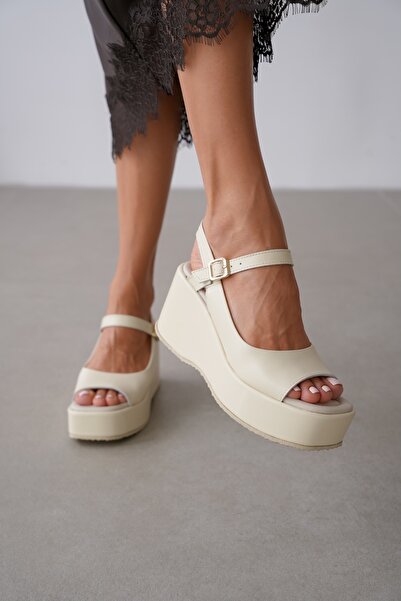 selin shoes Verita Genuine Leather Front Open Ankle Strap Elastic Back Wedge ...