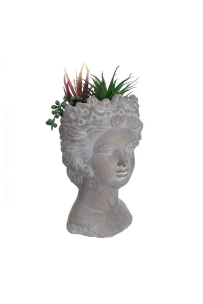HYVESTO Ghiveci Decorativ din Ciment Bust Feminin, HYVESTO, Inaltime 27 cm, cu Plante Suculente Artificiale si Pietricele, Chip de Femeie, Stil Statuie Clasica, Decor Gradina, Balcon sau Interior, Gri