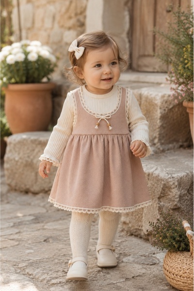Pure Boutique Rochie bebe eleganta roz pudra cu muselina si dantela pentru fe...