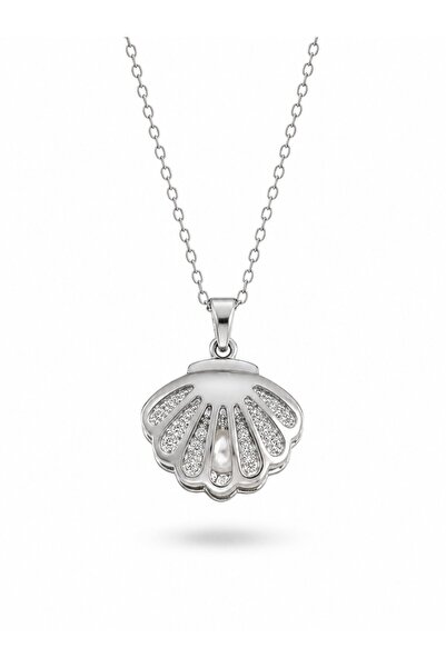 serelya 316L Steel Chain Silver Color Zircon Stone Pearl Detail Oyster Necklace