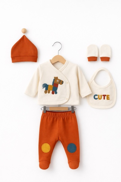 Pure Boutique Newborn Cotton set 5 pieces brick with giraffe blouse pants hat...