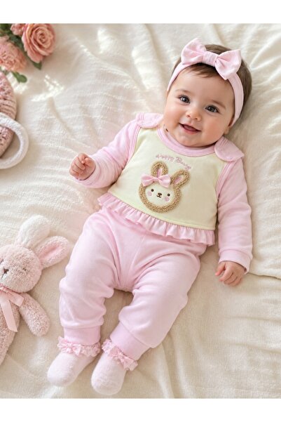 Pure Boutique Set bebe fetita 2 piese roz cu salopeta si bluza iepuras din bu...