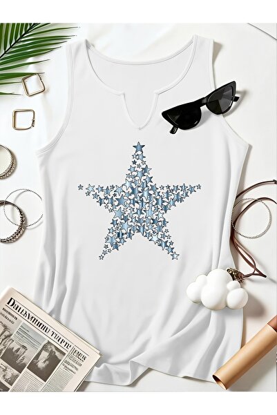 Deocept Women's Star Printed Half V-Neck Sleeveless Regular Fit Casual T-Shirt