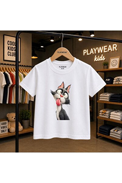 playwear Μπλουζάκι με στάμπα γάτας που εκτείνει τη γλώσσα της, 100% παιδικό u...