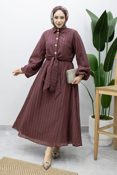 Tesettür Dünyası Balloon Sleeve Tie-Detail Skirt Set Tsd260226 Plum