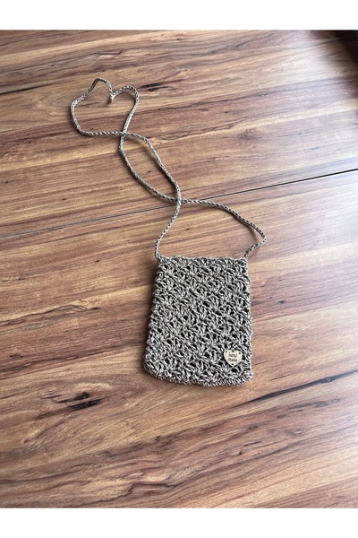 Berenkaya Çanta Örgü Telefon Çantası Gri Renk Kâğıt İp