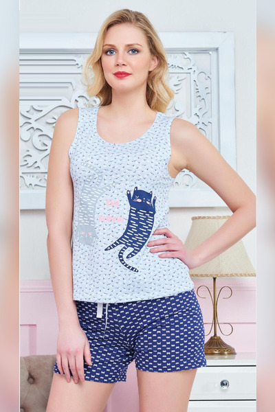 FIRST STYLE Turkish Home Set in Blue Color Beautiful Shorts and Blouse Set