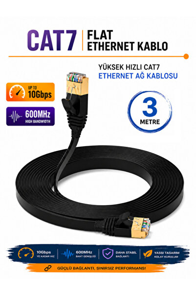 Vwin 3 Metre Cat7 İnternet Ağ Kablosu Flat Yassı Utp/Ftp 600 Mhz 10 Gbps Patc...