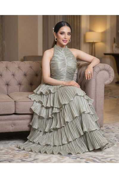 Sway "Tullin" Evening Dress with Silver Pleats and Open Back and Ruffles