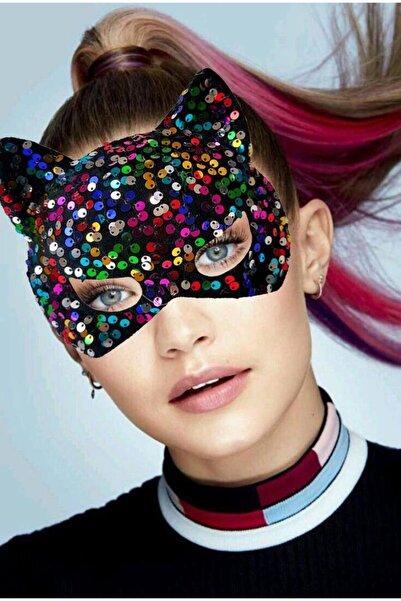 naque Colorful Sequined Sequin Party Mask on Black Velvet Fabric 16x14 cm
