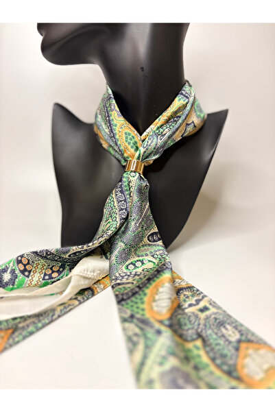 BHR AKSESUAR Ethnic Patterned Double-Sided Scarf with Gold Ring Detail (70X70...