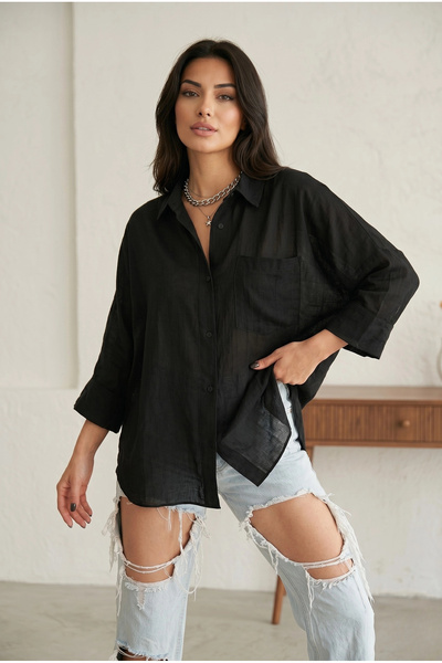 MetuCA Women's Black Cotton Oversize Short Sleeve Shirt Wide Fit Loose Blouse