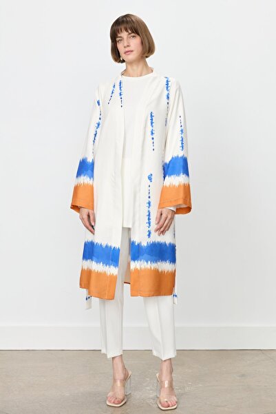 Nihan Yırtmaçlı Kuşaklı Viskon Kimono - Oranj
