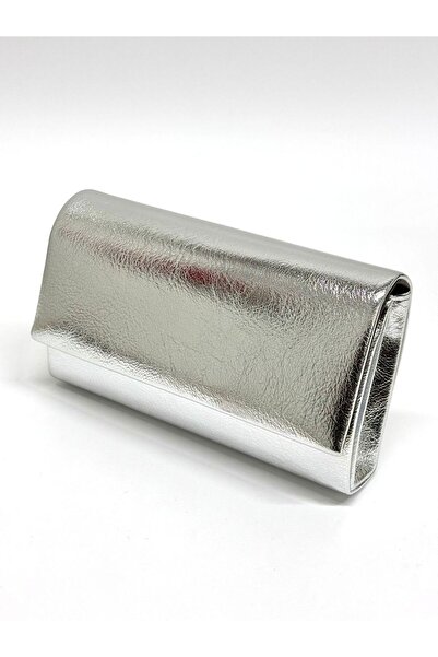 NAZART Kadın Kırışık Cilt Gümüş Abiye Clutch Zincir Askılı El ve Omuz Düğün Nişan Gece Çantası