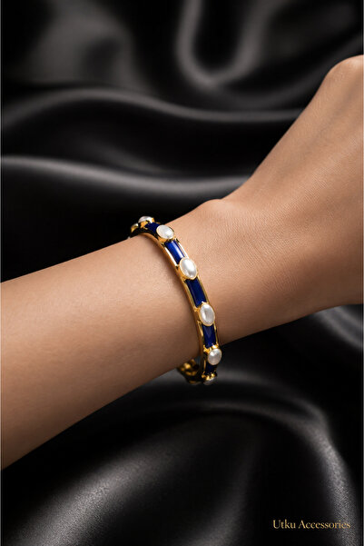 utkuergin Navy Blue Mineli Gold Cuffed Steel Bracelet