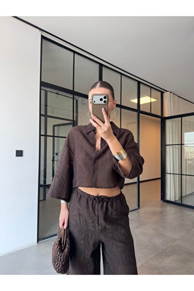 BB Bensu Buyruk SET CĂMAȘĂ ȘI PANTALONI CROPPED CU BRODERIE MARO