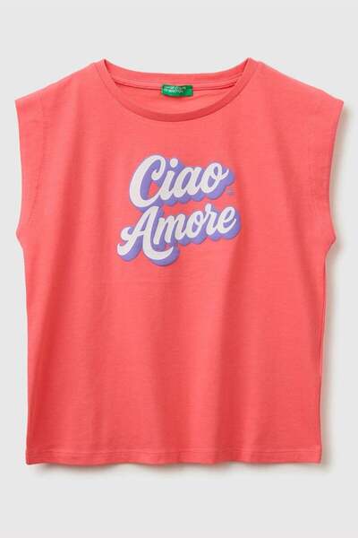 United Colors of Benetton Girl's Fluffy Print Detailed T-Shirt Coral 6-14 Years