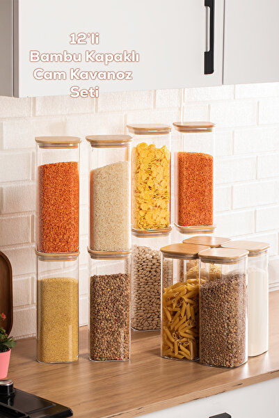 Porsima 7-4 Bamboo Vacuum Lid Square Borosilicate Glass 12-Piece Jar Set Stor...