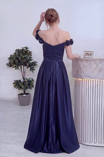 zks grup tekstil Women's Off Shoulder Floral Detailed Princess Pleated Satin ...