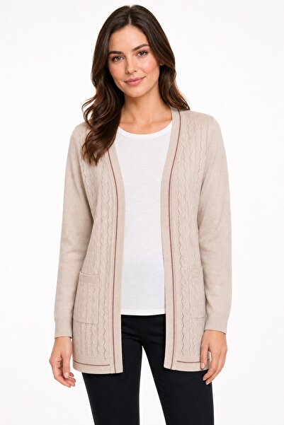 Desen Triko Women's V-Neck Open-Front Thin Knitwear Cardigan 26357 Beige