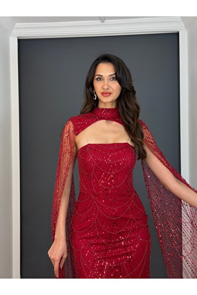 gökkuşagı moda Bordo Straplez Boyundan Pelerinli İşli Uzun Abiye Elbise