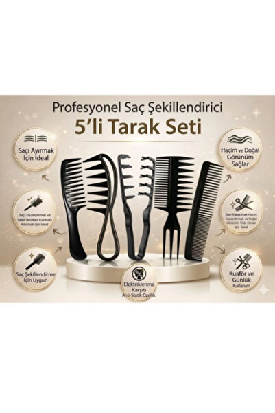 glowify prime glowify prime 5’li Profesyonel Siyah Tarak Seti Kuaför Tipi Saç...