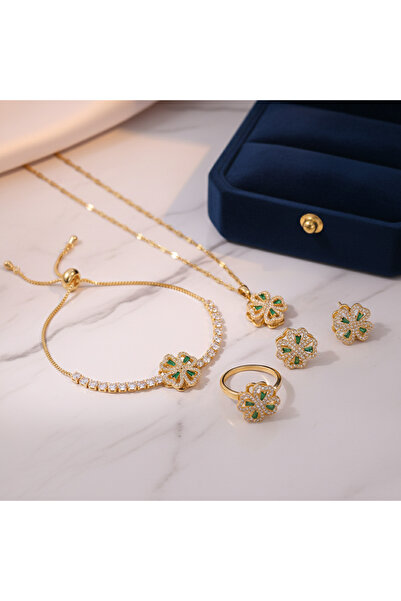 Tessero Set Complet Bijuterii Femei Gold, 4 piese, Lant, Bratara Reglabila, I...