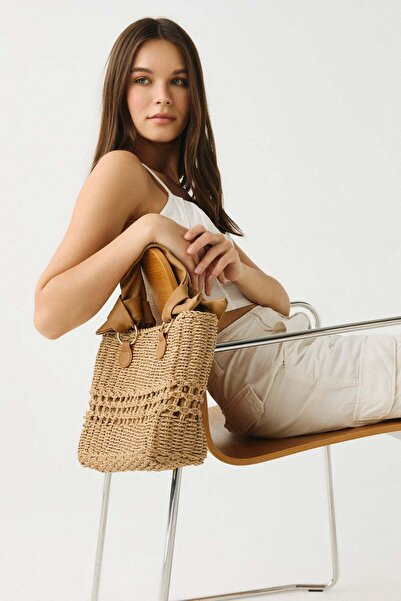 C&City Wicker Leather Handle Bag Y9219 Camel