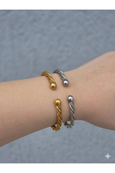 Golden Thread Ατσάλινο Σταθερό Βραχιόλι Cuff με Πλεκτό Πλέγμα και Στριφτές Λε...