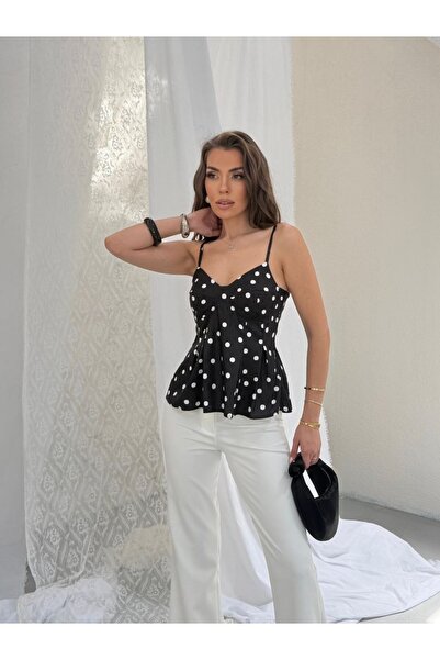 Perry Boutique Women's Adjustable String Strap Polka Dot Pattern Pleated Blouse