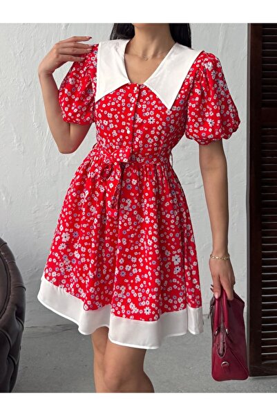 LOKADI Women's Retro Floral Patterned Doll Collar Watermelon Sleeve Belted Dress