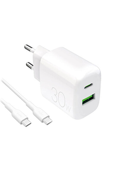 Puro Φορτιστής με θύρα USB-A και θύρα USB-C και καλώδιο USB-C σε USB-C 30W Λευκό