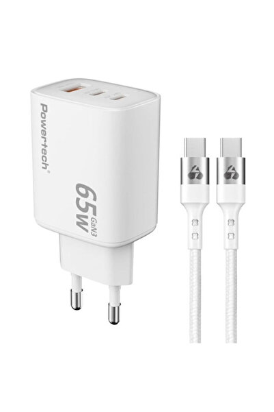 POWERTECH Φορτιστής GaN με θύρα USB-A και 2 θύρες USB-C και καλώδιο USB-C - U...
