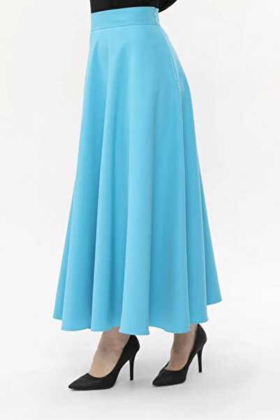 Modabenna Baby Blue Dabıl Thick Crepe Fabric Long Skirt with Belt