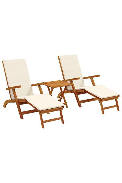 vidaxl Șezlong pliabil și culisant 3 pcs Alb crem Lemn Solid de Acacia